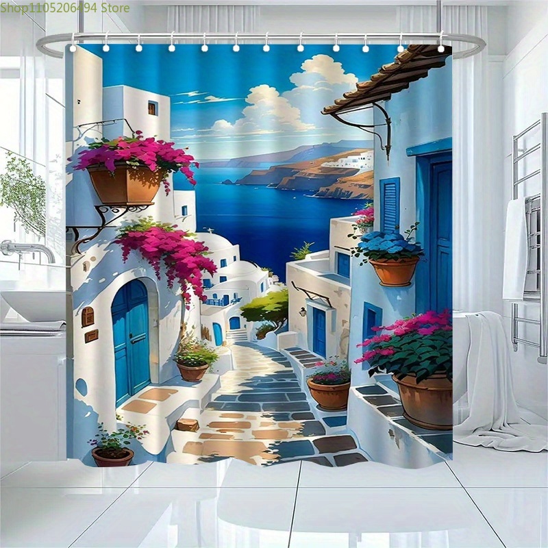 サントリーニ島ギリシャ島シャワーカーテンブルーホワイトヴィレ - Home Bathroom Ideas のレビューと価格