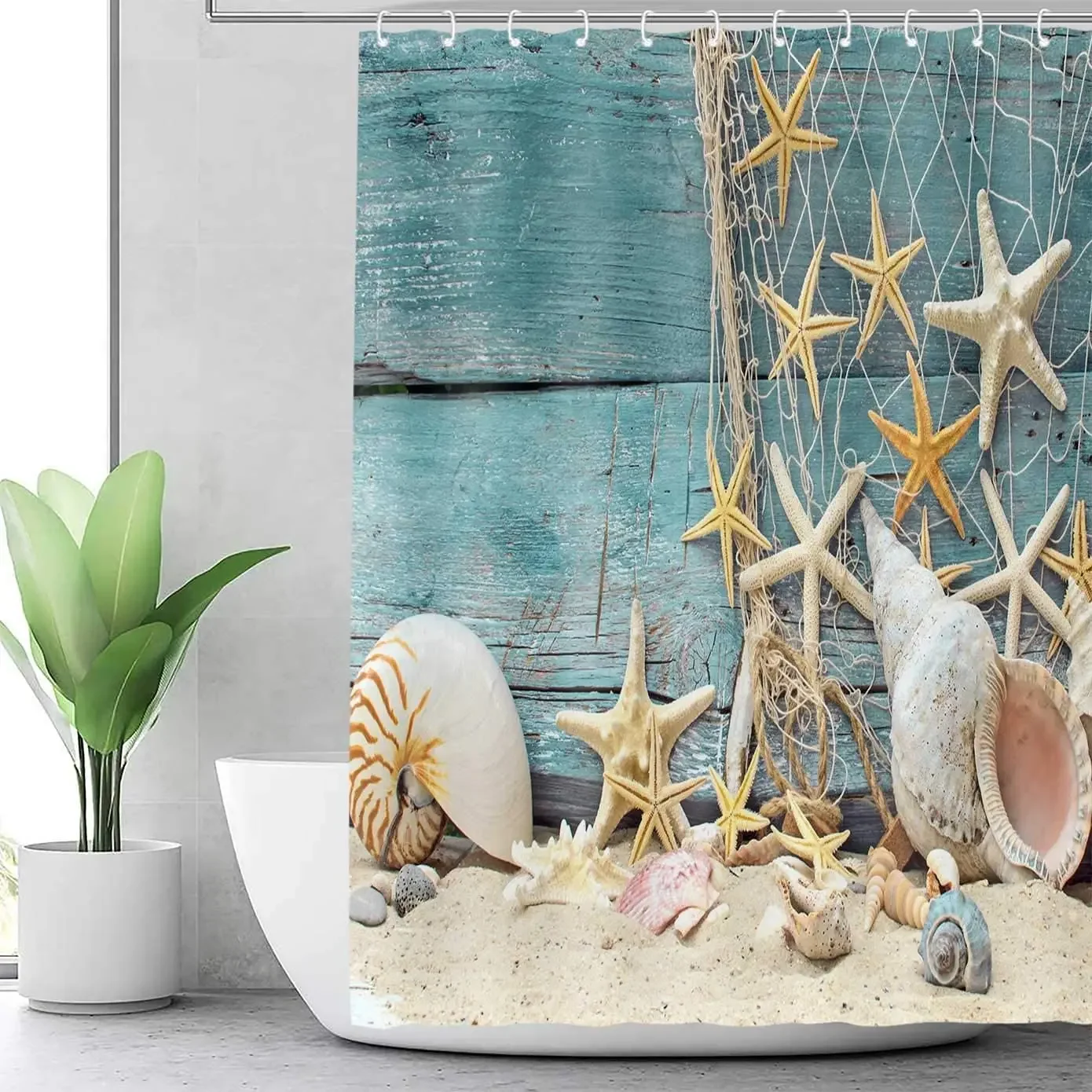 ポリエステル生地バスルームカーテン、海ヒトデ、貝殻シャワーカ - Shower Curtain Liner のレビューと価格
