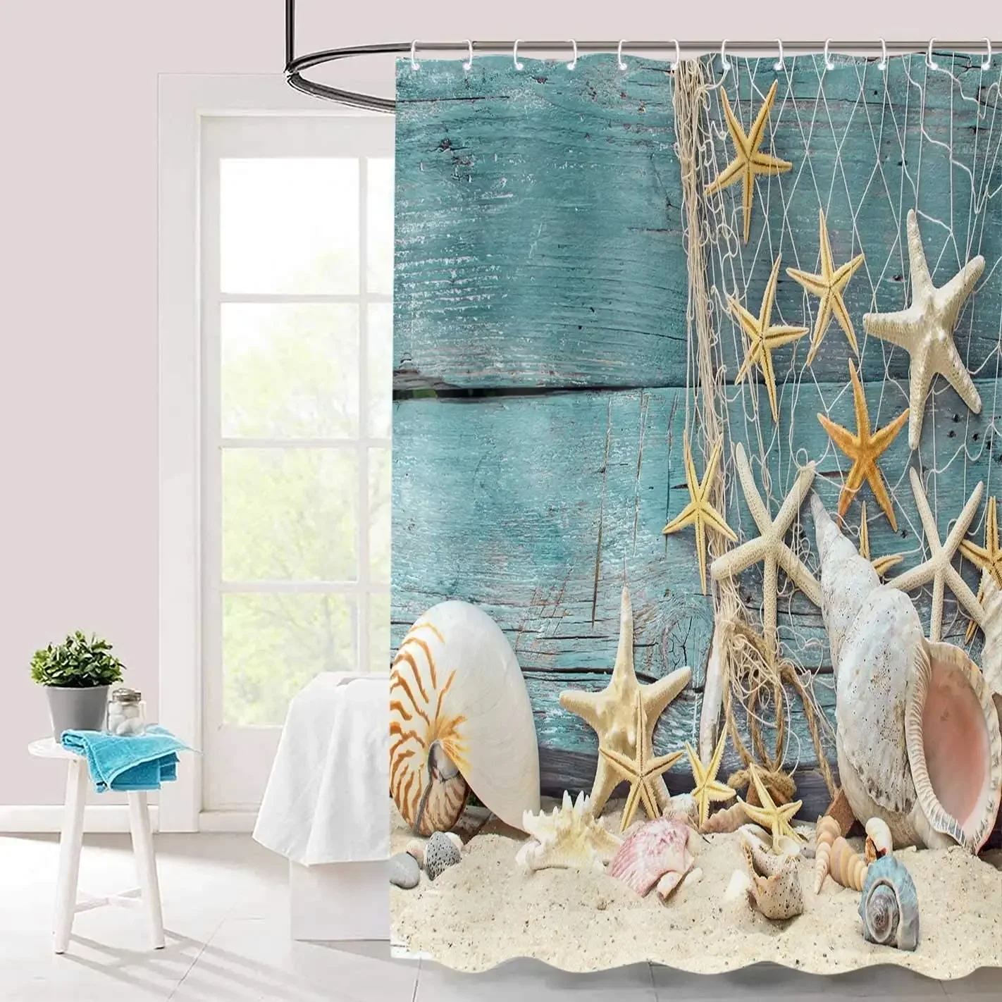 ポリエステル生地バスルームカーテン、海ヒトデ、貝殻シャワーカ - Shower Curtain Liner のレビューと価格