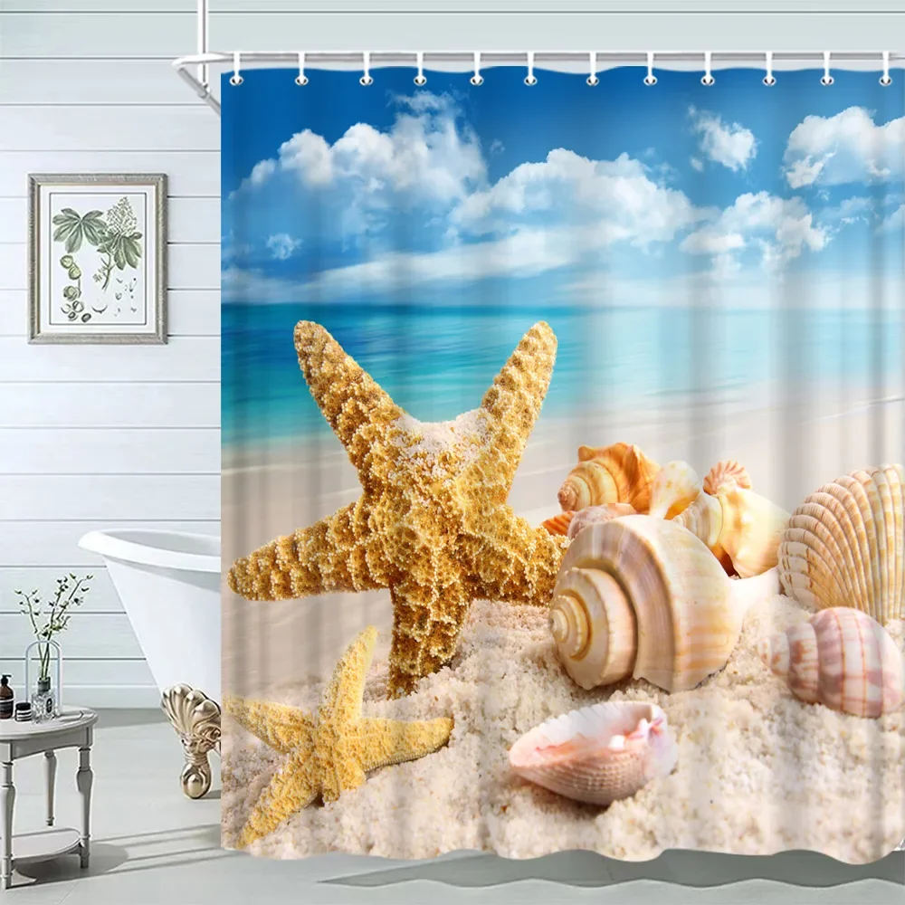 ポリエステル生地バスルームカーテン、海ヒトデ、貝殻シャワーカ - Shower Curtain Liner のレビューと価格