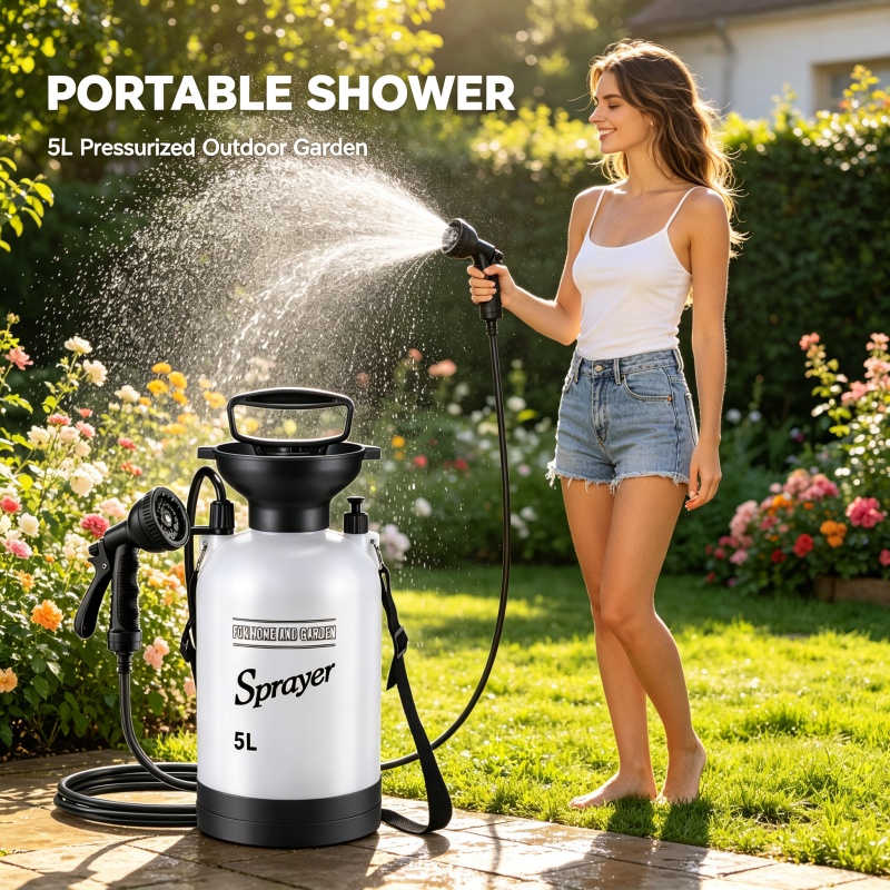 5L携帯用キャンプシャワー手動圧力噴霧器、調整可能なノズル付 - Shower Head Rain のレビューと価格