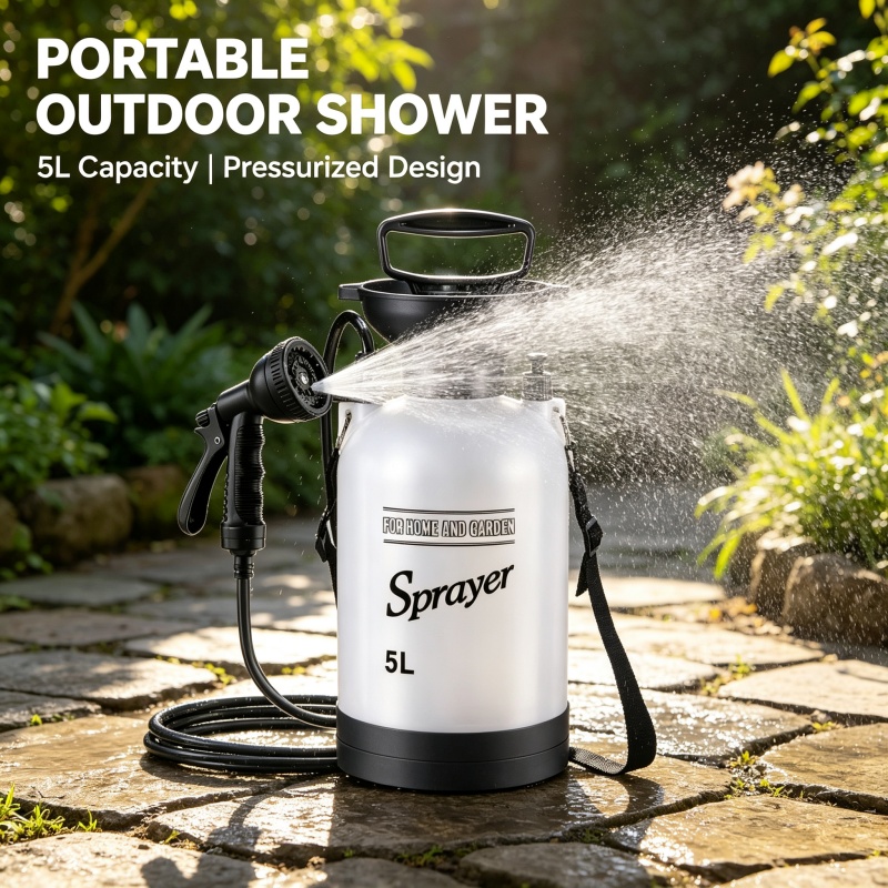 5L携帯用キャンプシャワー手動圧力噴霧器、調整可能なノズル付 - Shower Head Rain のレビューと価格