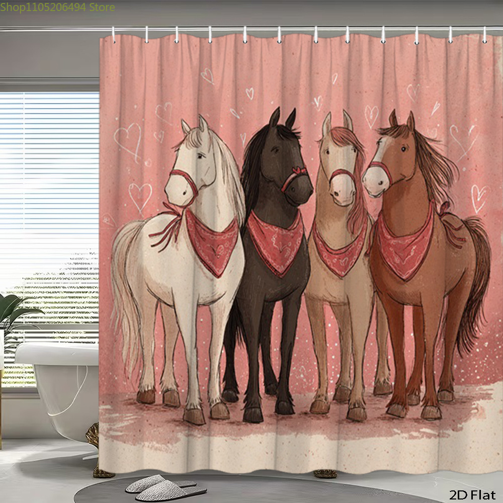 かわいい馬のシャワーカーテン、漫画の動物デザイン、家の装飾用 - Home Bathroom Ideas のレビューと価格